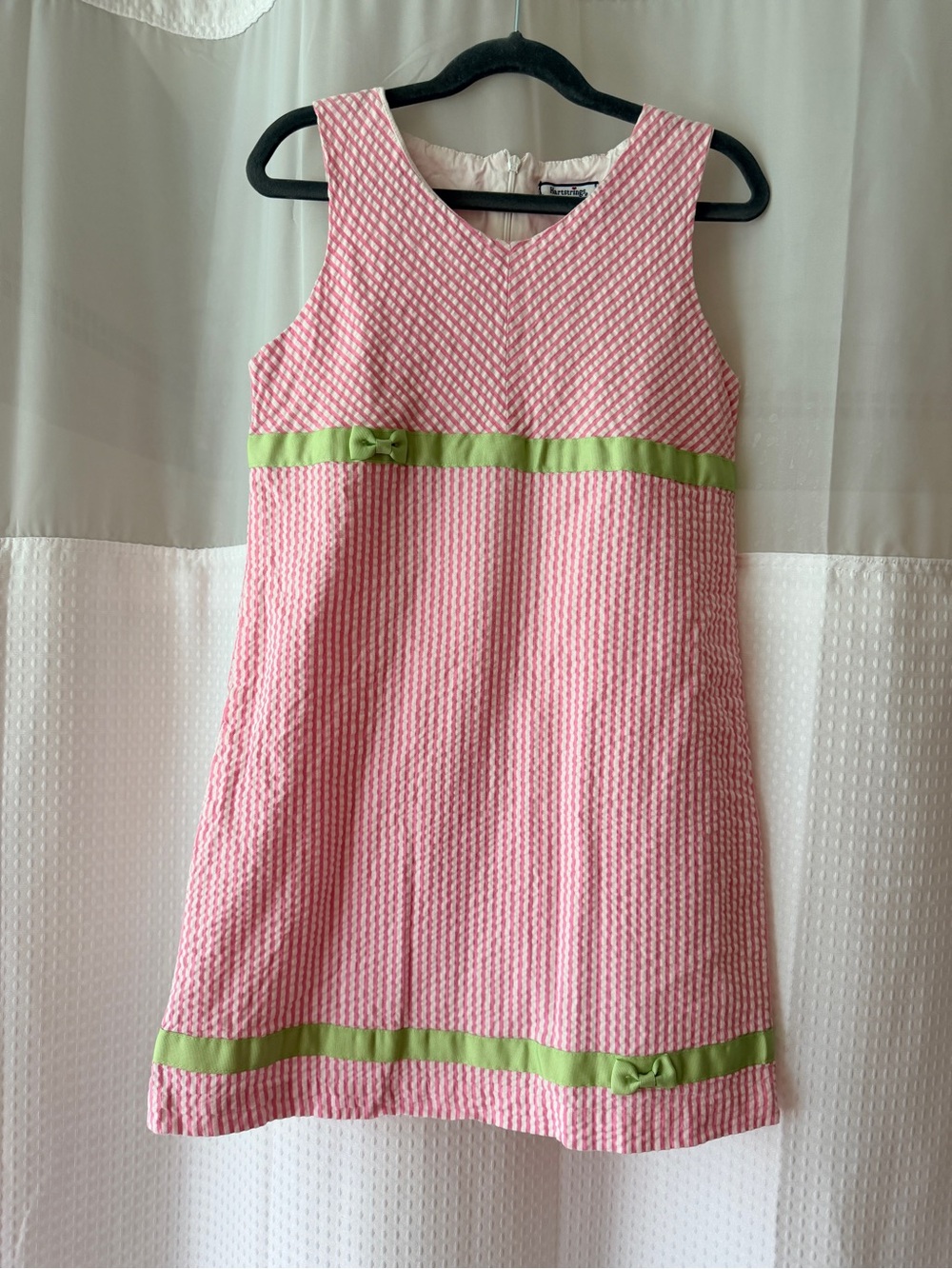 Hartstrings Pink Seersucker A-Line Dress with Green Ribbon Accents